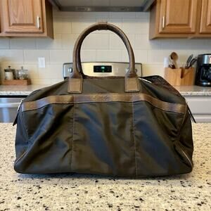 Vintage Pineider Large Duffle Bag Brown Nylon Leather Handle Trim L23”xW12”